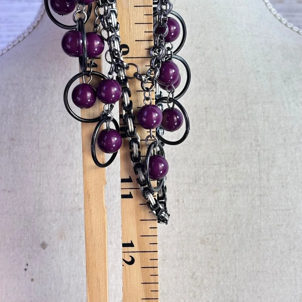Goth Grunge Vintage Bib Necklace Set Purple Gunmetal Metal Beads Witchy Alt